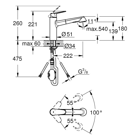 Grohe - Spültisch EHM EURODISC C 32257 flacher Auslauf Spülbrause auszb. chrom