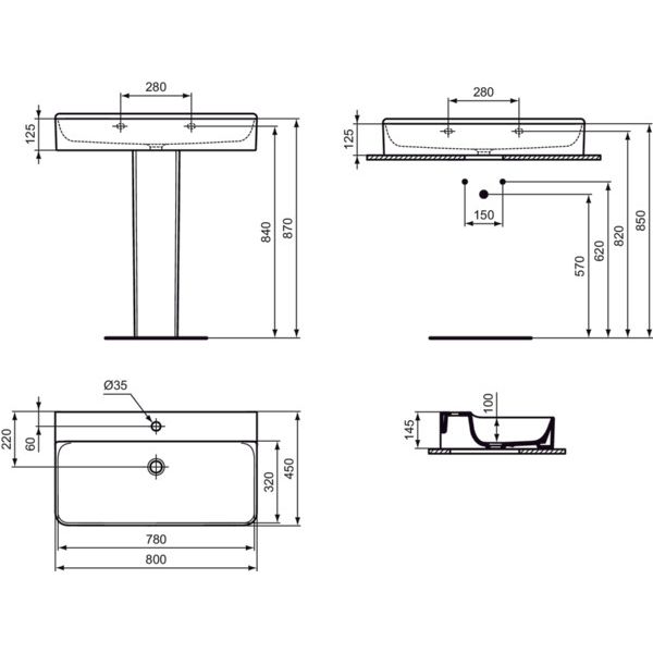 Ideal Standard - Waschtisch CONCA, 1 Hl., o.Ül., 800x450x145mm, geschliffen, Weiß
