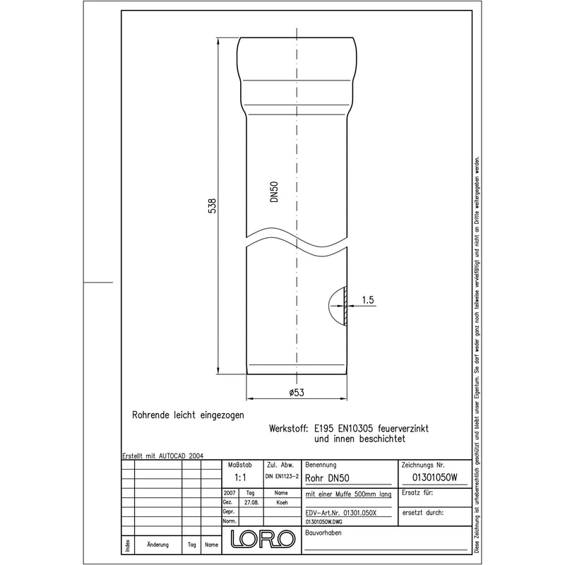 Lorowerk - Rohr 01301.X DN 50x500mm mit 1 Muffe