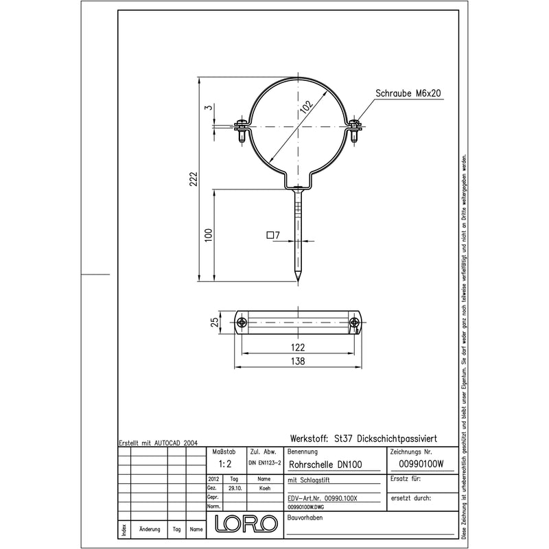 Lorowerk - Rohr Rohrschelle 00990. DN 100 verzinkt