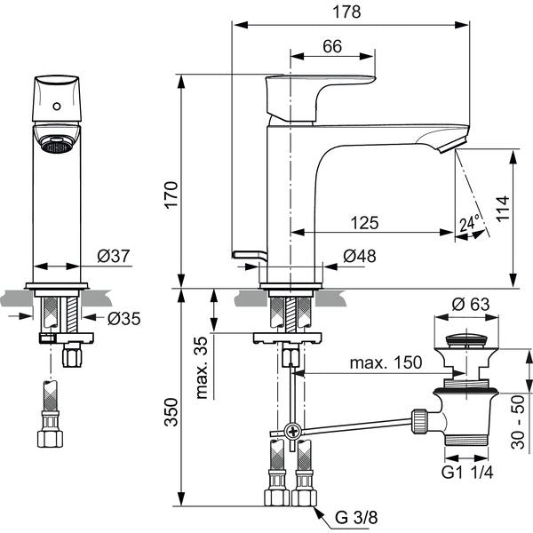 Ideal Standard - WT-Arm. CONNECT AIR, Grande Slim, m.Ablgarn., Ausld.125mm, Magnetic grey
