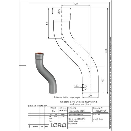 Lorowerk - Etagenbogen 00390. DN 70 Sprung 130mm