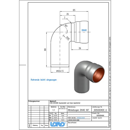 Lorowerk - Winkelbogen 00500. DN 40 mit Normalmuffe