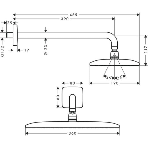 Hansgrohe - Kopfbrause RAINDANCE E 360 Air 1jet 360mmx190mm mit Brausearm 390mm chrom