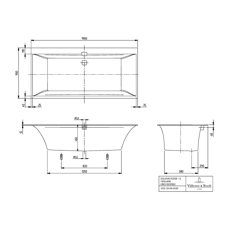 VILLEROY & BOCH - Badewanne Squaro Edge 12 1900x800x 496mm re-eckig m. Sys AP TP2 Weiß Alpin