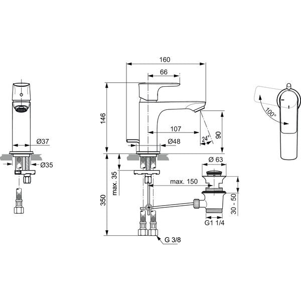 Ideal Standard - WT-Armatur CONNECT AIR, Slim, 5l/min, m.Ablgarn., BlueStart, Blizzard silver