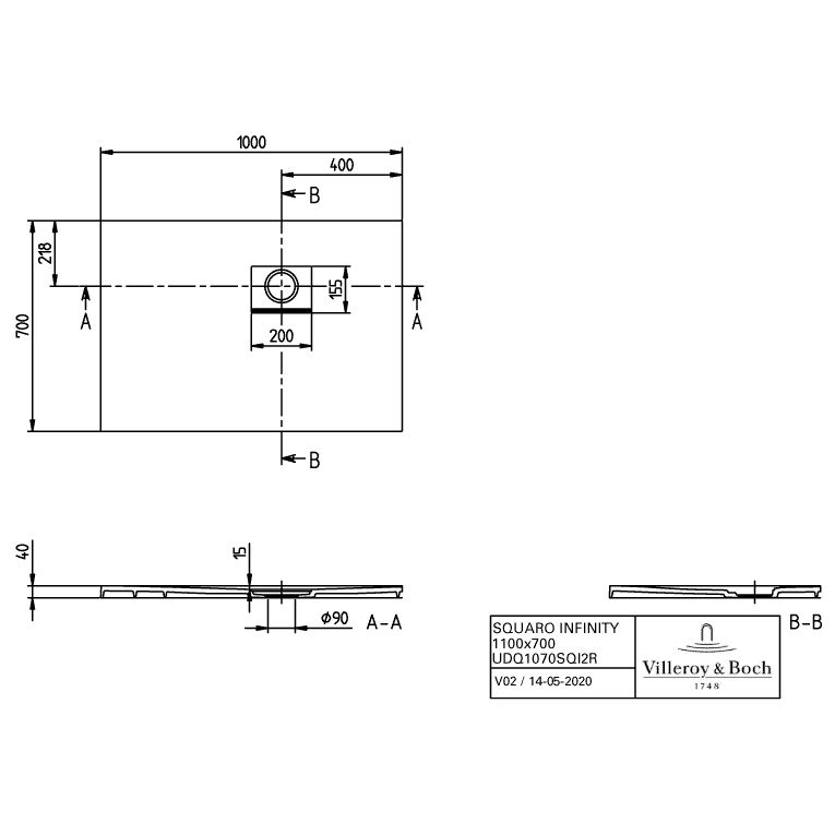 VILLEROY & BOCH - Duschwanne Squaro Infinity 1000x700x40mm re-eckig EB:re Grey