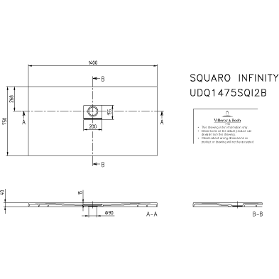 VILLEROY & BOCH - Duschwanne Squaro Infinity 1400x750x40mm re-eckig EB:li/re Grey