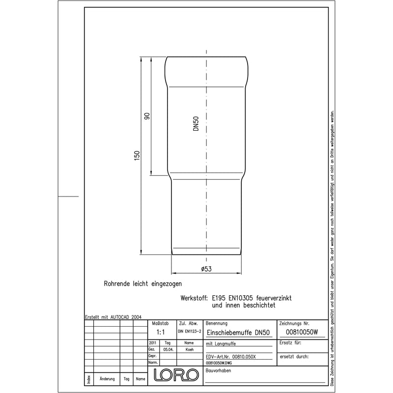 Lorowerk - Einschiebmuffen 00810. DN 50