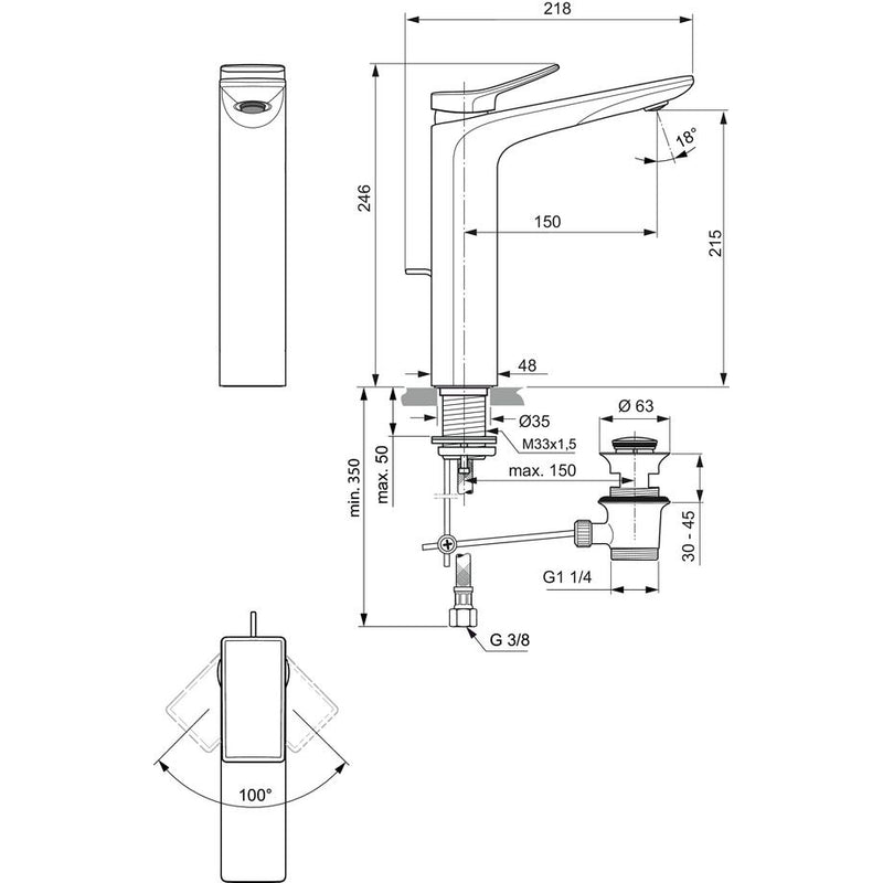 Ideal Standard - WT-Armatur CONCA, m.verl.Sockel, m.Ablgarn., Ausld.150mm, Magnetic grey