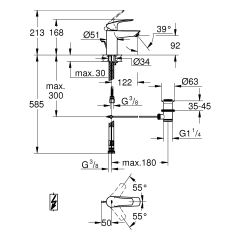 Grohe - EH-WT-Batterie EUROSMART 23459_3 S-Size Niederdruck Zugst.-Abl.grt. chrom