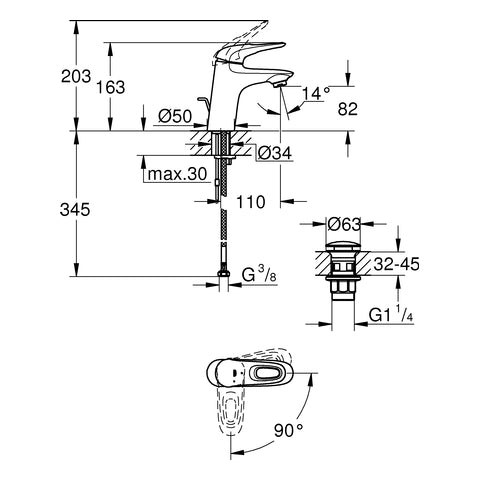 Grohe - EH-WT-Batt. EUROSTYLE 23930 S-Size MST kalt Push-open Abl.grt. H.o. chrom
