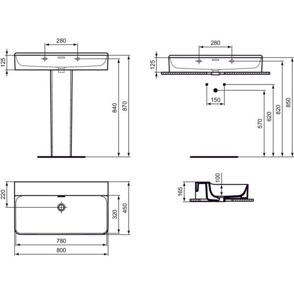Ideal Standard - Waschtisch CONCA, o.Hl., m.Ül., 800x450x165mm, Weiß