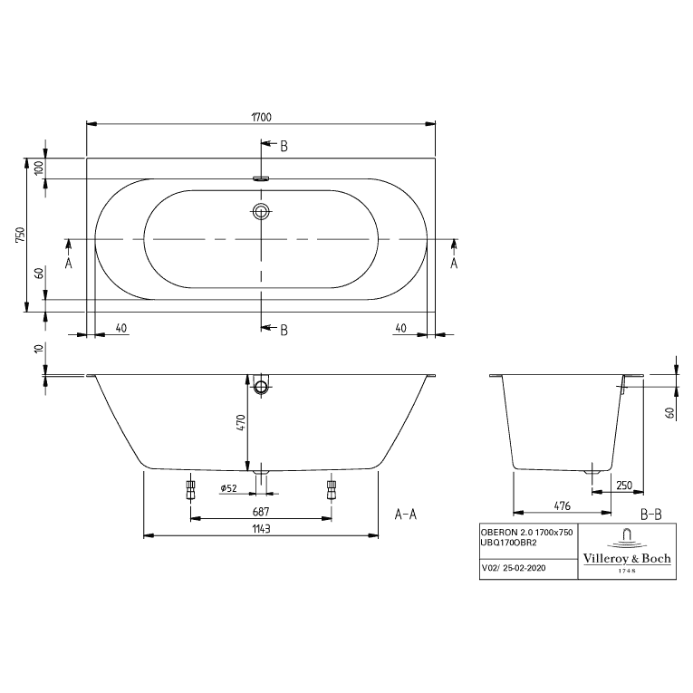 VILLEROY & BOCH - Badewanne Oberon 2.0 1700x750x625mm re-eckig m. System AE TP2 Weiß Alpin
