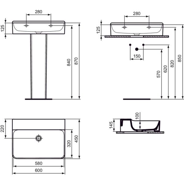 Ideal Standard - Waschtisch CONCA, o.Hl., o.Ül., 600x450x145mm, Weiß mit IdealPlus