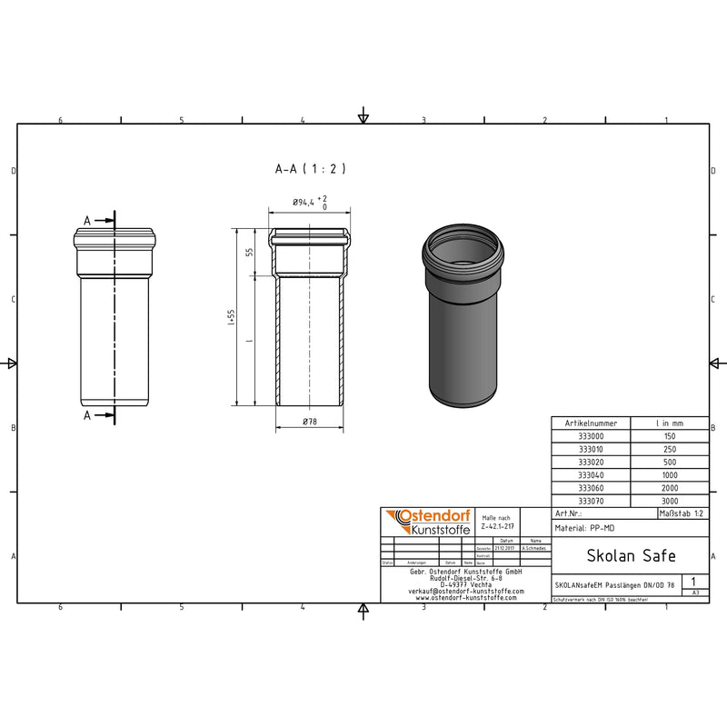 Gebr. Ostendorf - Safe Rohr DN/OD78 250mm mit einer Muffe
