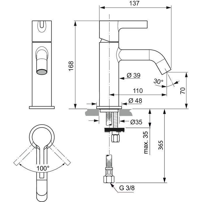 Ideal Standard - Waschtischarmatur JOY, o.Ablgarn., Ausld.110mm, Magnetic grey