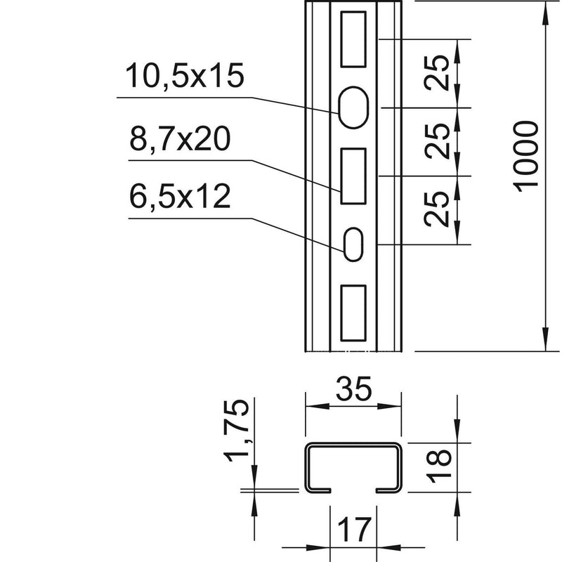OBO Bettermann - Stiel/Profilschiene Profilschiene CMS3518P1000FT gelocht, SW 16,5mm − 10 Meter