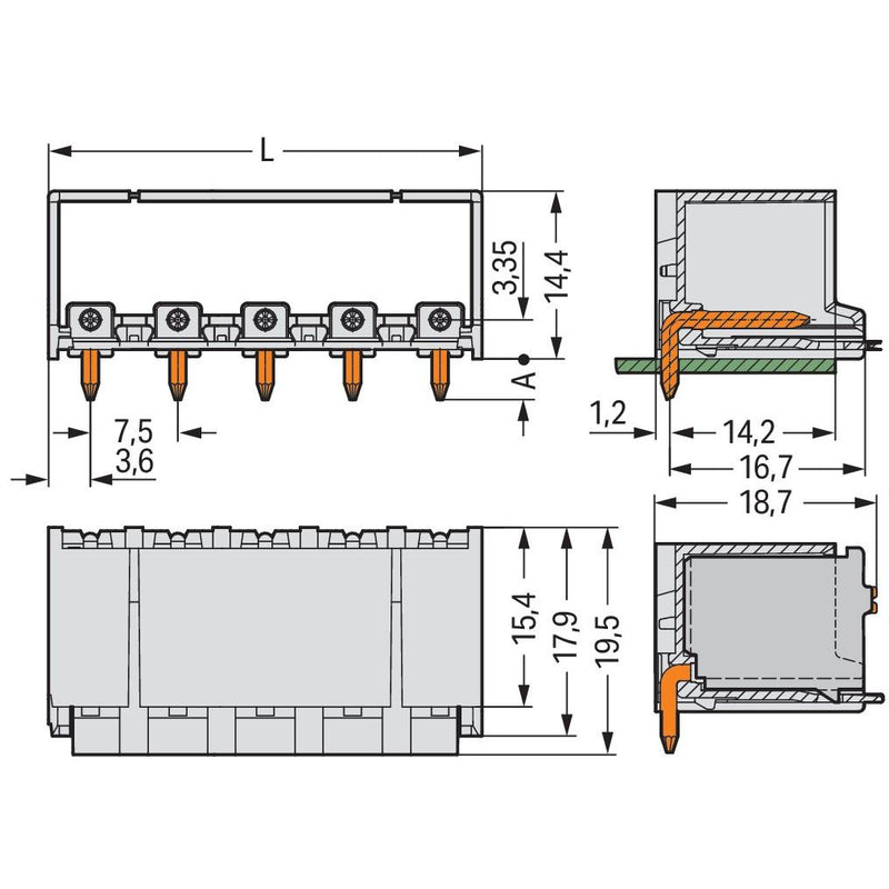 WAGO - Leiterplattensteckverbinder THR-Stiftleiste Lötstift 2092-3425/200-000 1,4mm,abgew.,lgr − 100 Stück