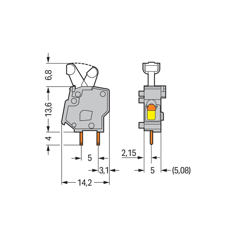 WAGO - Leiterplattenklemme Anreihbare Leiterplattenk. 257-743 Drücker,2,5mm²,lgr − 100 Stück