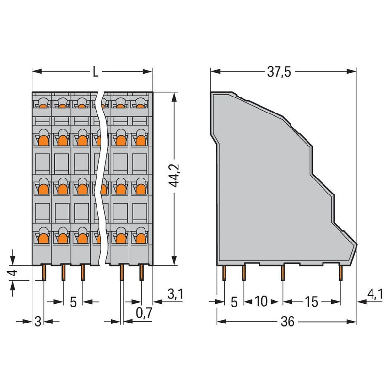 WAGO - Leiterplattenklemme Vierstock-Leiterplattenkl. 738-103 2,5mm² − 48 Stück
