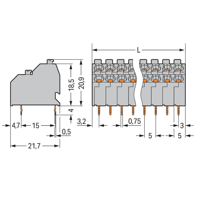 WAGO - Leiterplattenklemme DoppelstockLeiterplattenk. 250-706 Drücker,1,5mm²,gr − 21 Stück