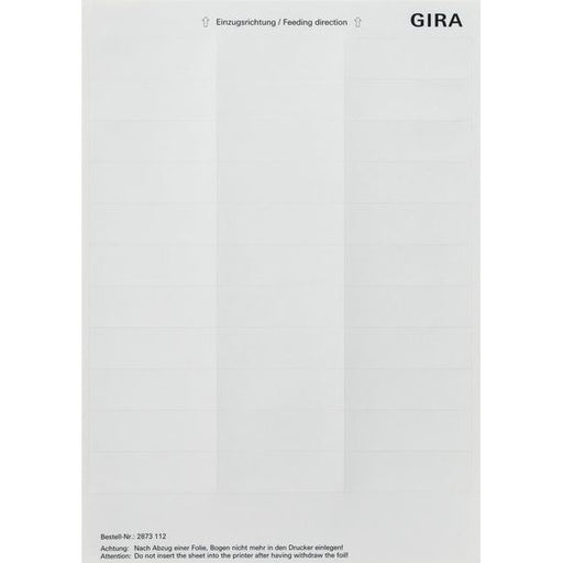Gira - Bezeichnungsmaterial für Installationsschalterprogramme Beschriftungsbogen 2873112 21,8x67
