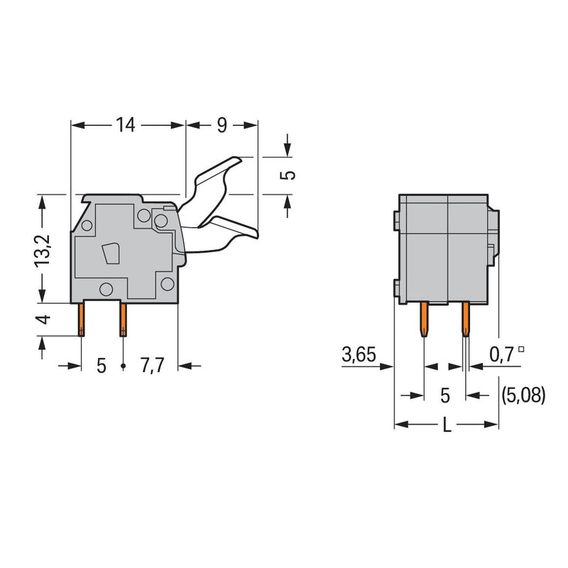 WAGO - Leiterplattenklemme 255-408/333-000 Drücker,2,5 mm²,grau − 25 Stück