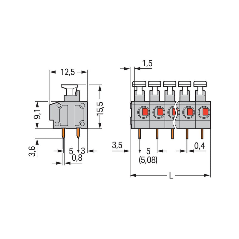 WAGO - Leiterplattenklemme 235-402/332-000 Drücker,1,5mm²,grau − 105 Stück