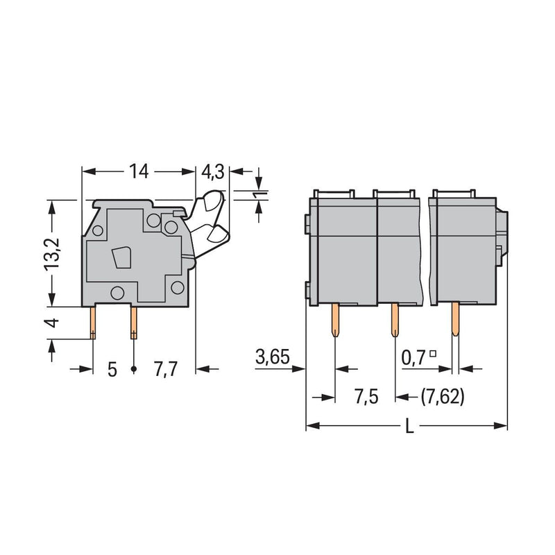 WAGO - Leiterplattenklemme 255-509 Drücker,2,5 mm²,grau − 15 Stück