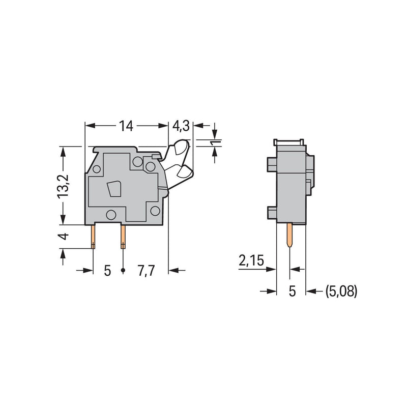 WAGO - Leiterplattenklemme Anreihbare Leiterplattenk. 255-742 Drücker,2,5mm²,dgr − 100 Stück