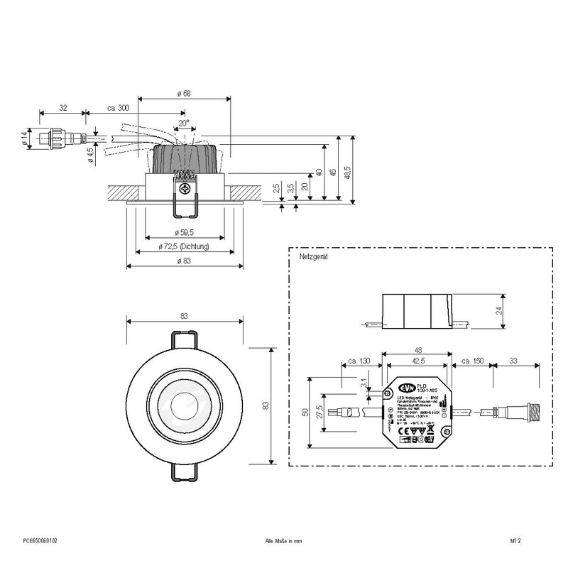 EVN Lichttechnik - Downlight/Strahler/Flutlicht LED-Einbauleuchte IP65 PCE650060102 350mA 3000K ws