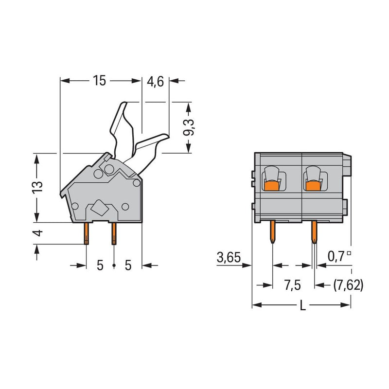WAGO - Leiterplattenklemme 256-510/333-000 Drücker,2,5 mm²,grau − 15 Stück