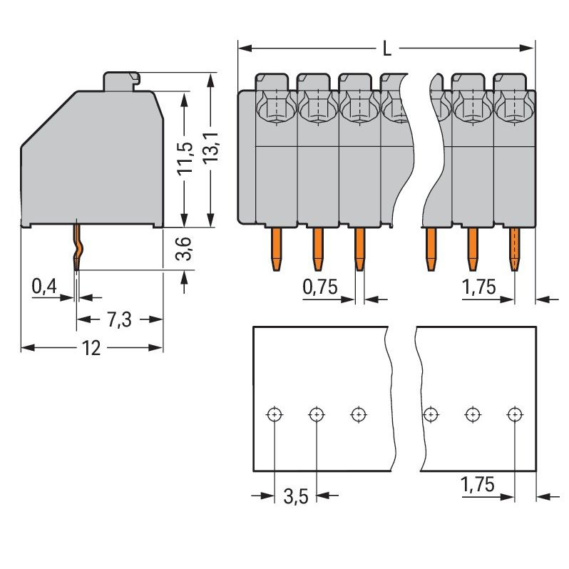 WAGO - Leiterplattenklemme 250-103/000-012 Drücker,1,5mm²,or − 100 Stück
