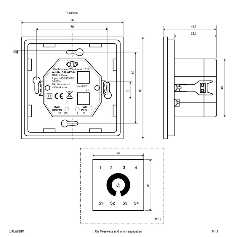 EVN Lichttechnik - Steuergerät für Leuchten DALI Dimmer-Wandpanel DALWPDIM ws
