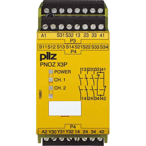 Pilz - Gerät zur Überwachung von sicherheitsgerichteten Stromkreisen Not-Aus-Schaltgerät PNOZ X3P #777313 24-240ACDC3n/o1nc1so