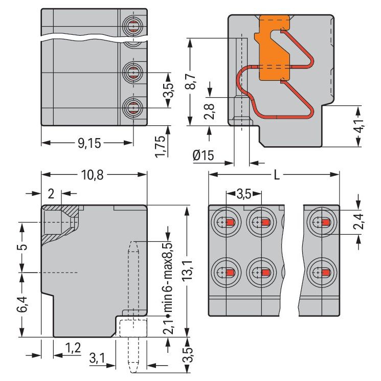 WAGO - Leiterplattenklemme 2-Leiter-Federleiste 252-154 PUSH WIRE,grau − 100 Stück