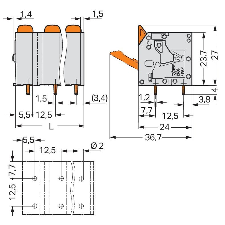 WAGO - Leiterplattenklemme Hebel 2606-3358 6mm²,grau − 22 Stück
