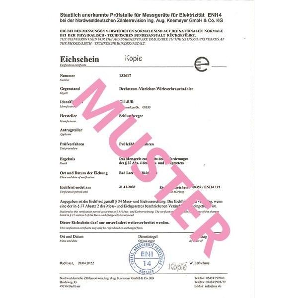 NZR - Dokumentation Eich-/Beglaubigungsschein 1996 für elektr. Zähler