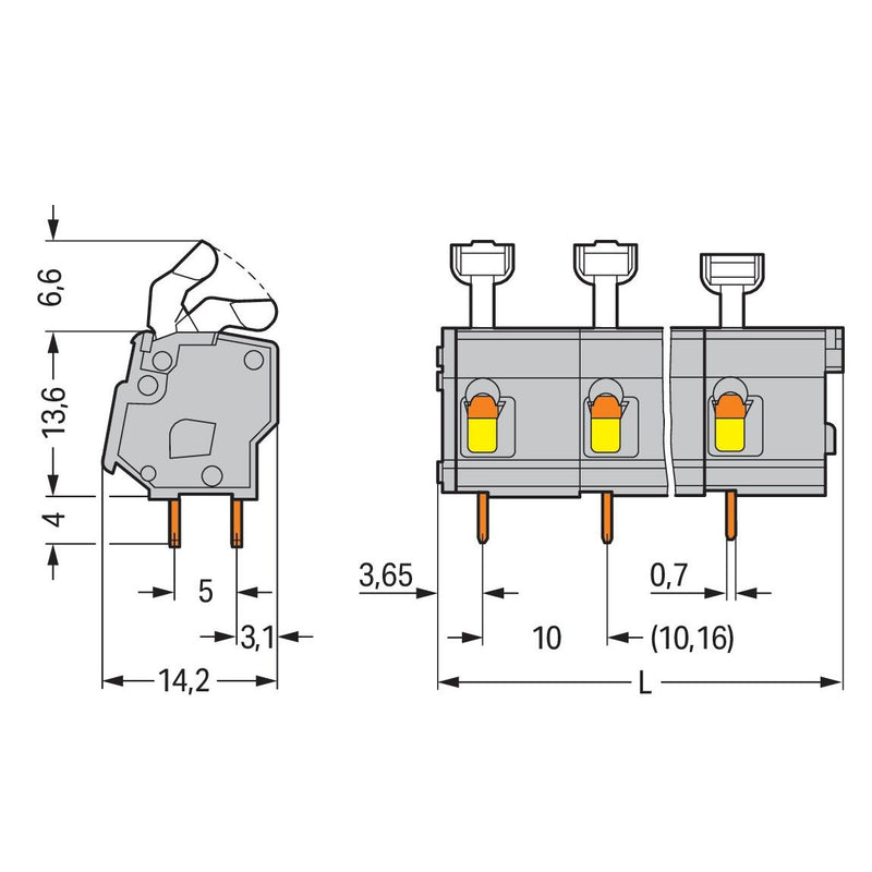 WAGO - Leiterplattenklemme 257-653 Drücker,2,5 mm²,grau − 35 Stück