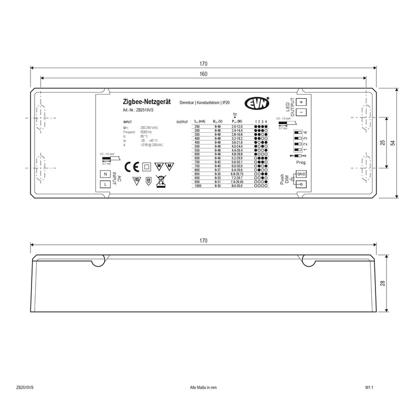 EVN Lichttechnik - Steuergerät für Leuchten Zigbee-Dimmer-Empfänger ZB2510VS inkl. Netzgerät