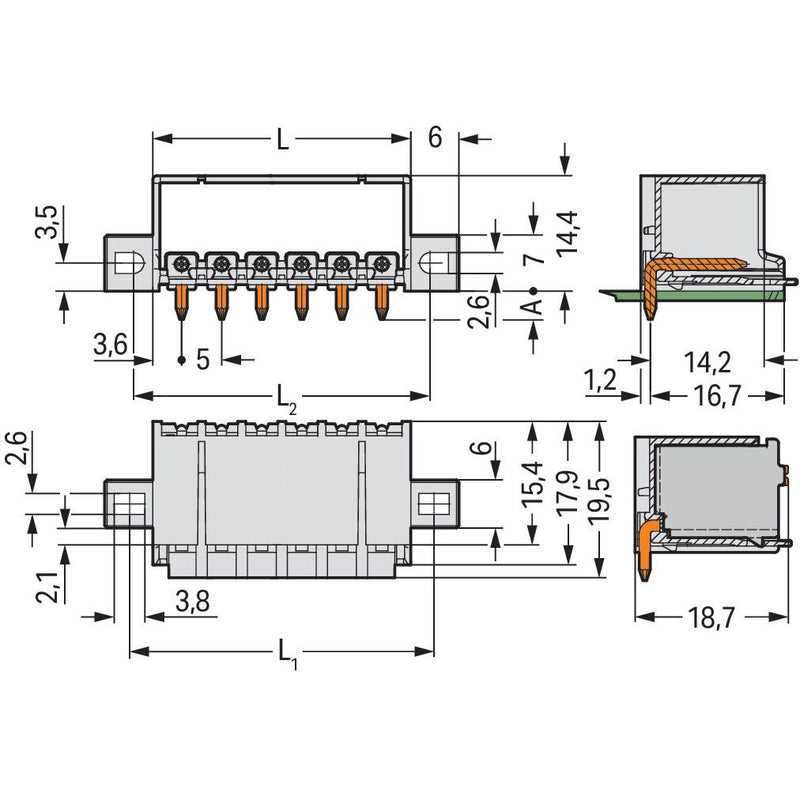 WAGO - Leiterplattensteckverbinder THT-Stiftleiste Lötstift 2092-1425/005-000 1,4mm,abgew.,llgr − 100 Stück