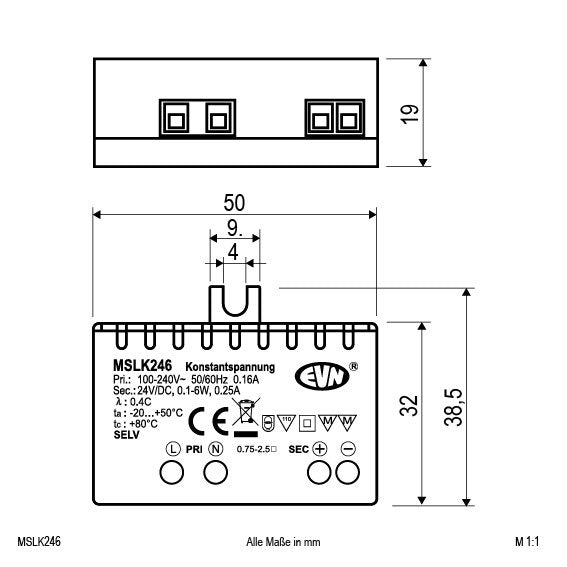 EVN Lichttechnik - LED-Betriebsgerät LED-Netzgerät MSLK246 24VDC 1-6W IP20