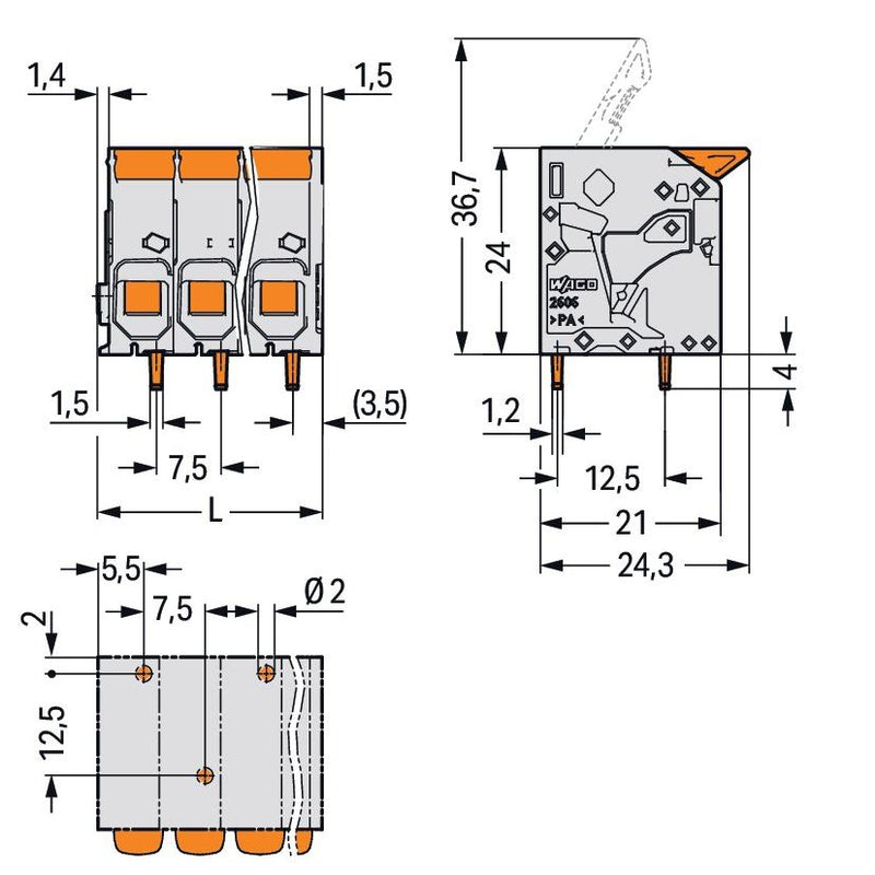 WAGO - Leiterplattenklemme 2606-1105/020-004 − 45 Stück