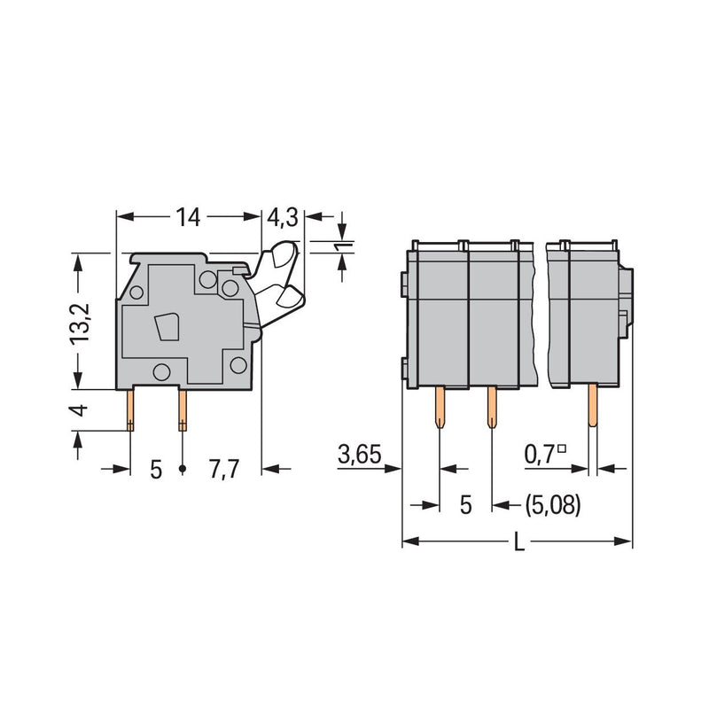 WAGO - Leiterplattenklemme 255-448 Drücker,2,5 mm²,grau − 5 Stück