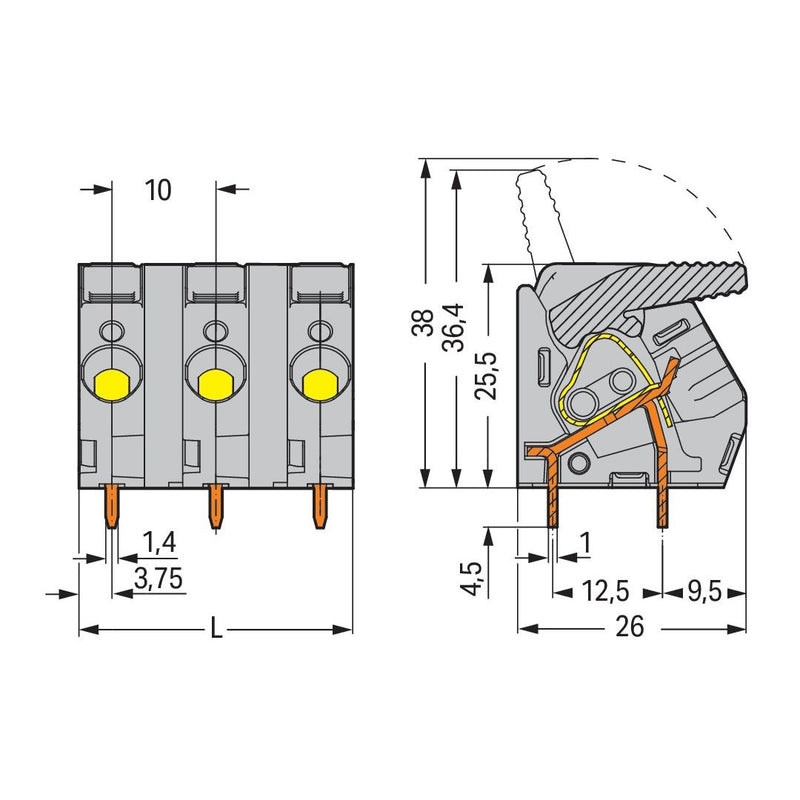WAGO - Leiterplattenklemme Hebel 2706-210 6mm²,grau − 10 Stück