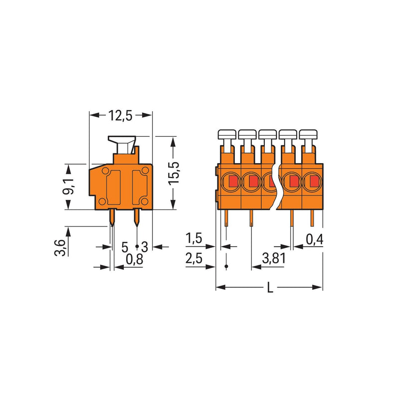 WAGO - Leiterplattenklemme 235-112 Drücker,1,5mm²,or − 25 Stück