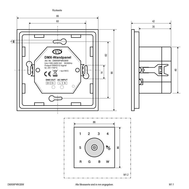 EVN Lichttechnik - Steuergerät für Leuchten DMX Wand-Control-Panel DMXWP4RGBW 4-Kanal, weiß