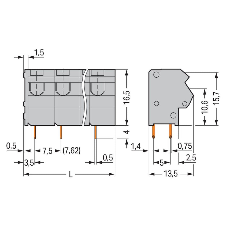WAGO - Leiterplattenklemme 2-Leiter-Leiterplattenkle. 254-252 0,75mm² − 70 Stück