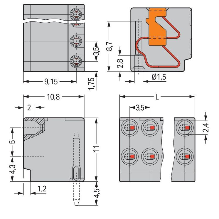 WAGO - Leiterplattenklemme 2-Leiter-Federleiste 252-105 PUSH WIRE,grau − 100 Stück